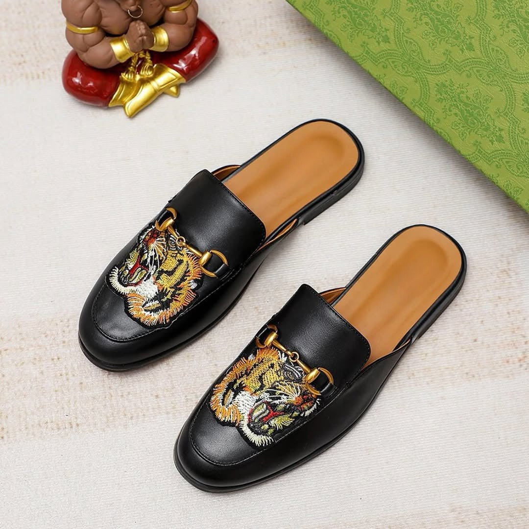 Tiger Embroidered Slip-On Leather Slippers