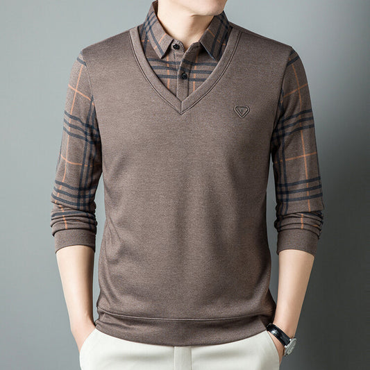 Men's Fleece Fake Two-Piece Long-Sleeved Shirt