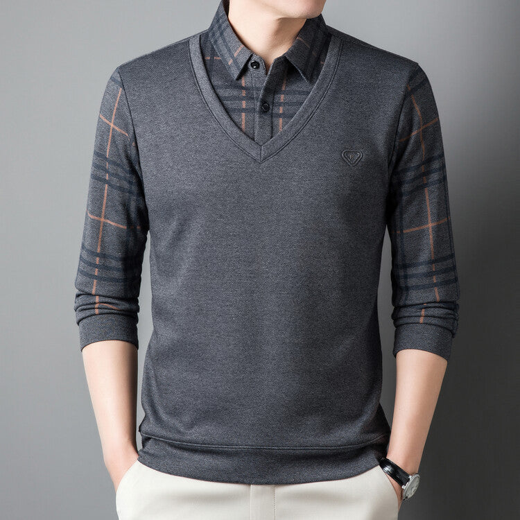 Men's Fleece Fake Two-Piece Long-Sleeved Shirt