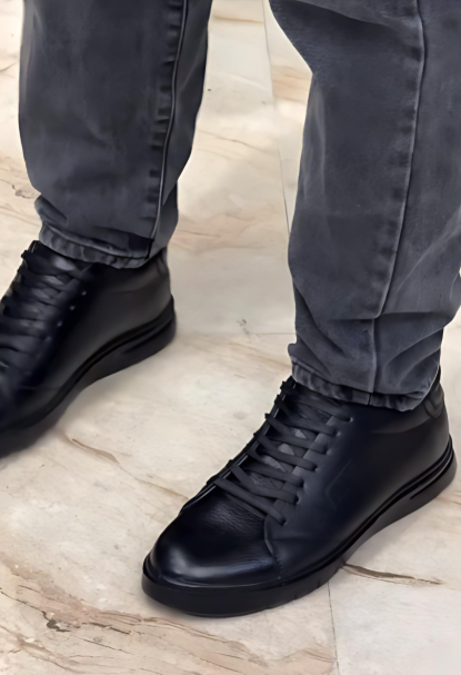 Men's All-Black Lace-Up Casual Leather Shoes