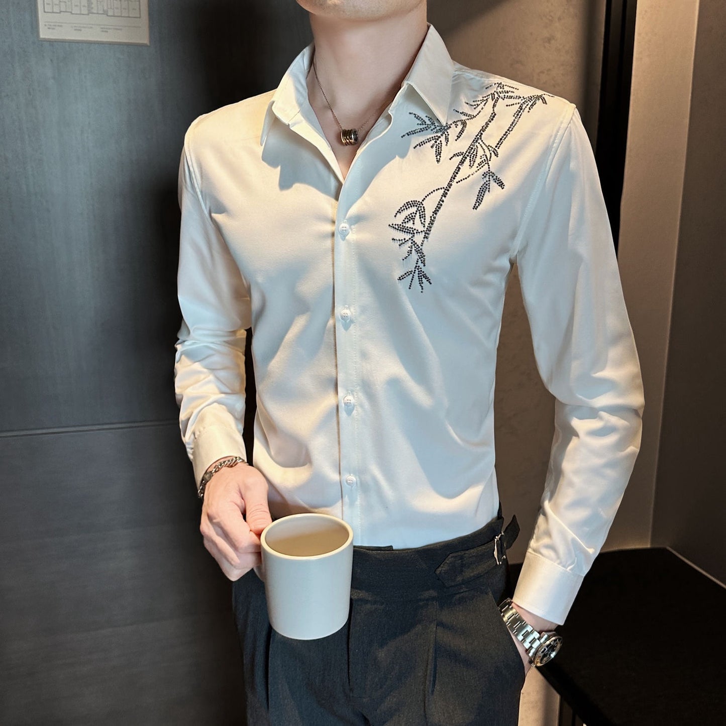 Men's Rhinestone Casual Textured Shirt