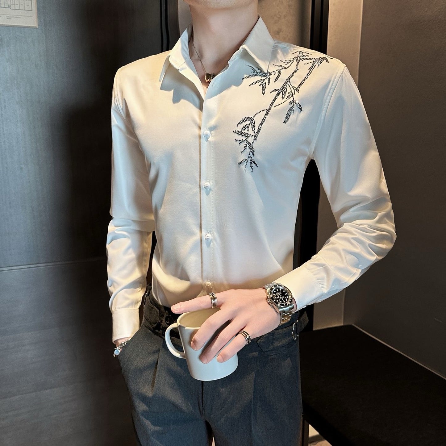 Men's Rhinestone Casual Textured Shirt