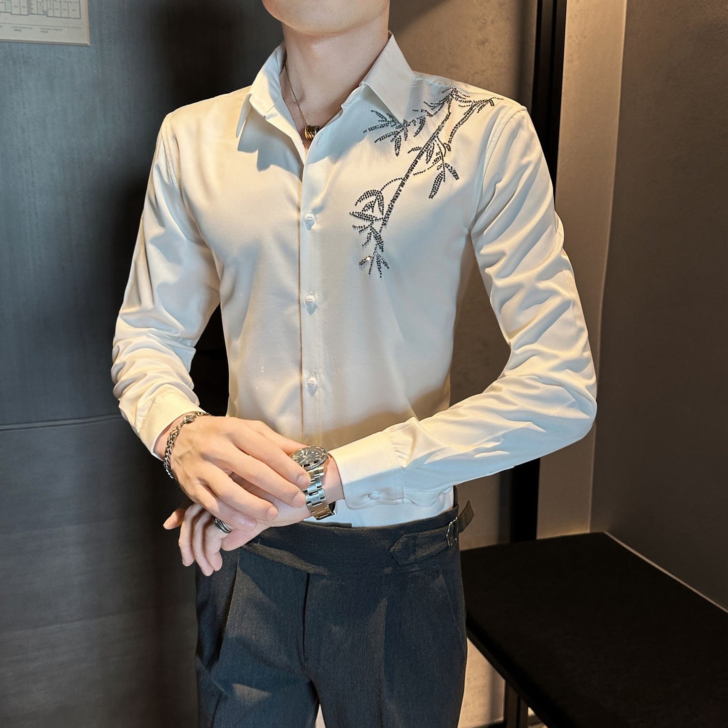 Men's Rhinestone Casual Textured Shirt