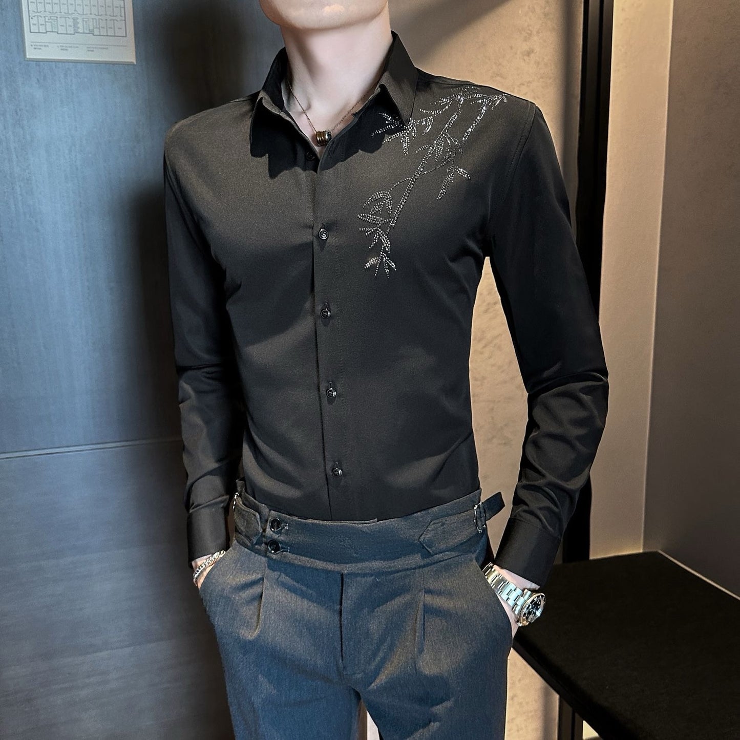 Men's Rhinestone Casual Textured Shirt