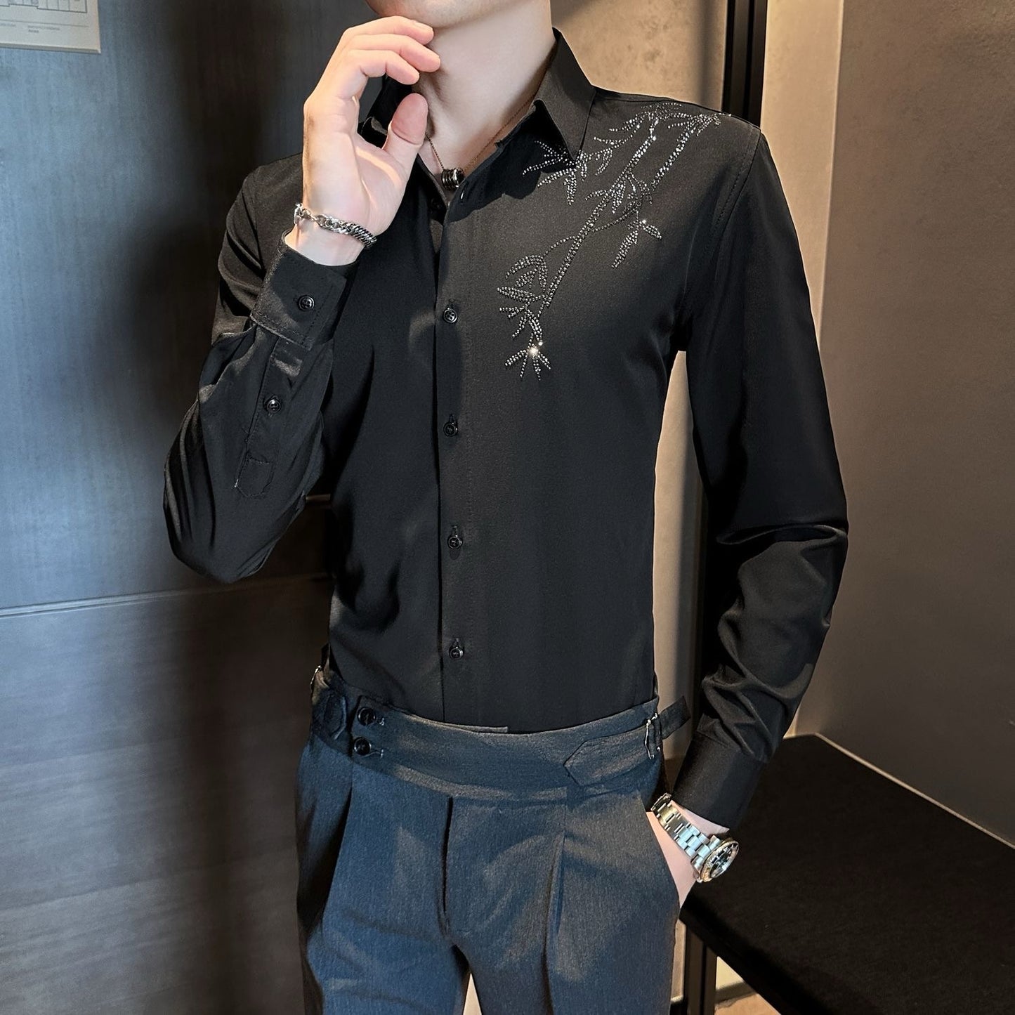 Men's Rhinestone Casual Textured Shirt