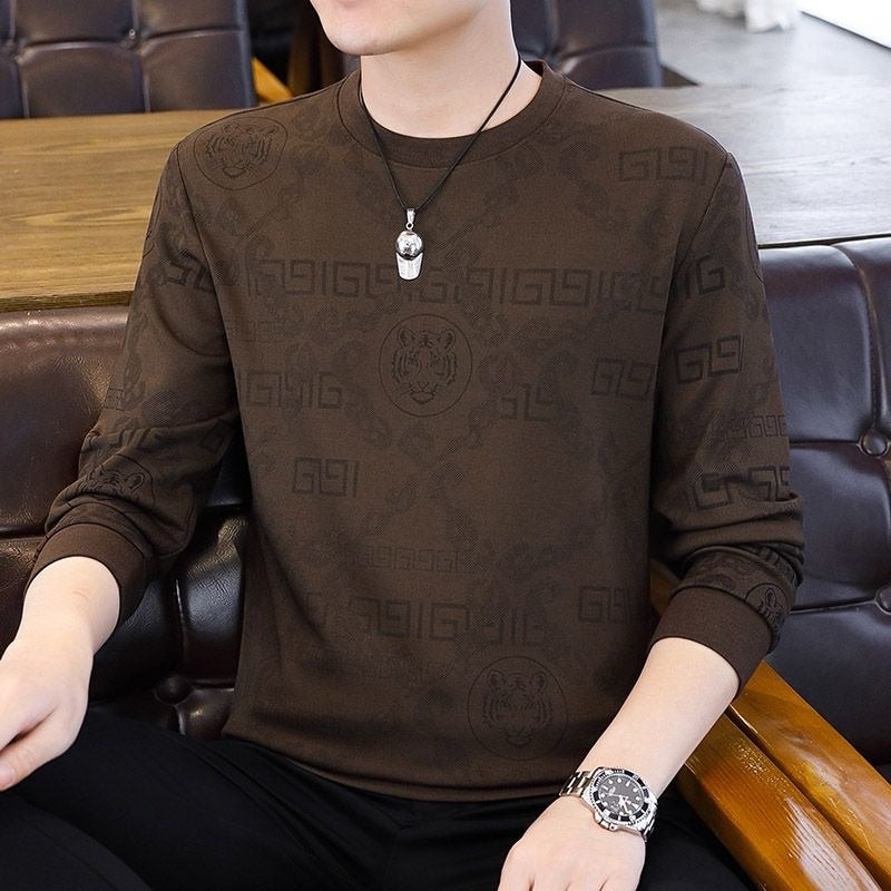 Men's Round Neck Printed Textured Long-Sleeved Top