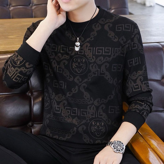 Men's Round Neck Printed Textured Long-Sleeved Top