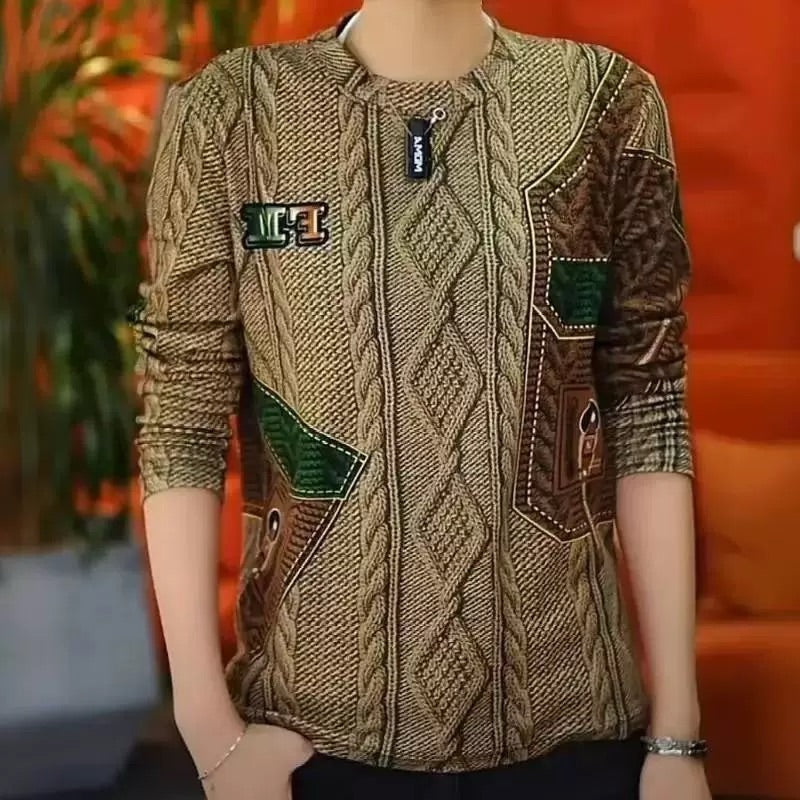 Twisted Pattern Printed Long-Sleeved Bottoming Shirt