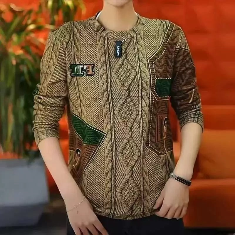 Twisted Pattern Printed Long-Sleeved Bottoming Shirt
