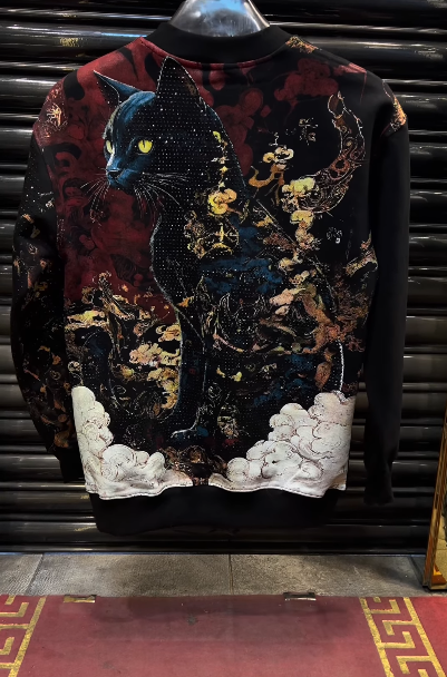 Men's Cat Print Glitter Long-Sleeved Top