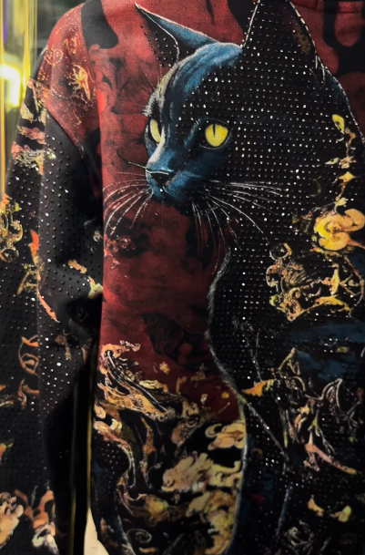 Men's Cat Print Glitter Long-Sleeved Top