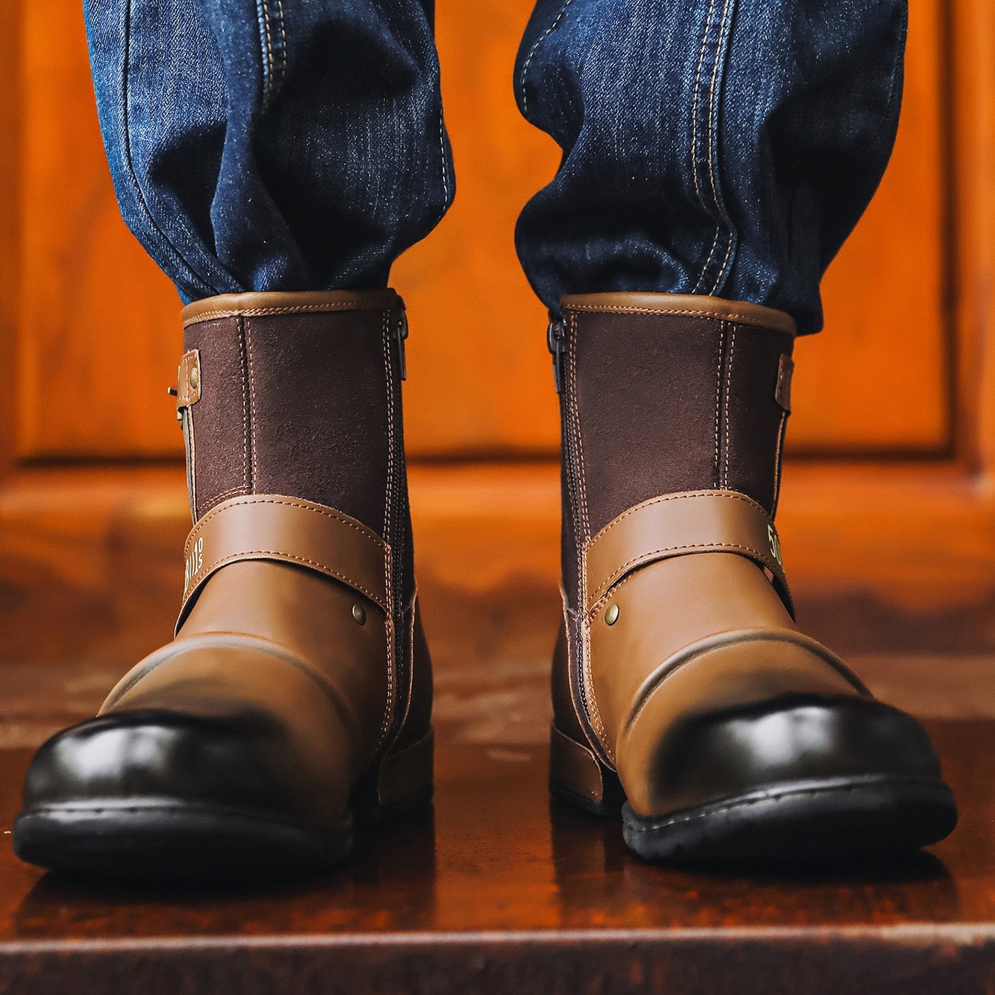 Men's retro metal buckle side zipper boots