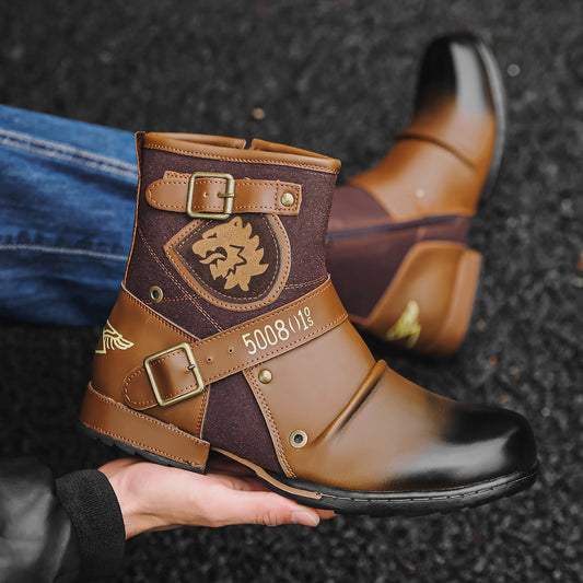 Men's retro metal buckle side zipper boots