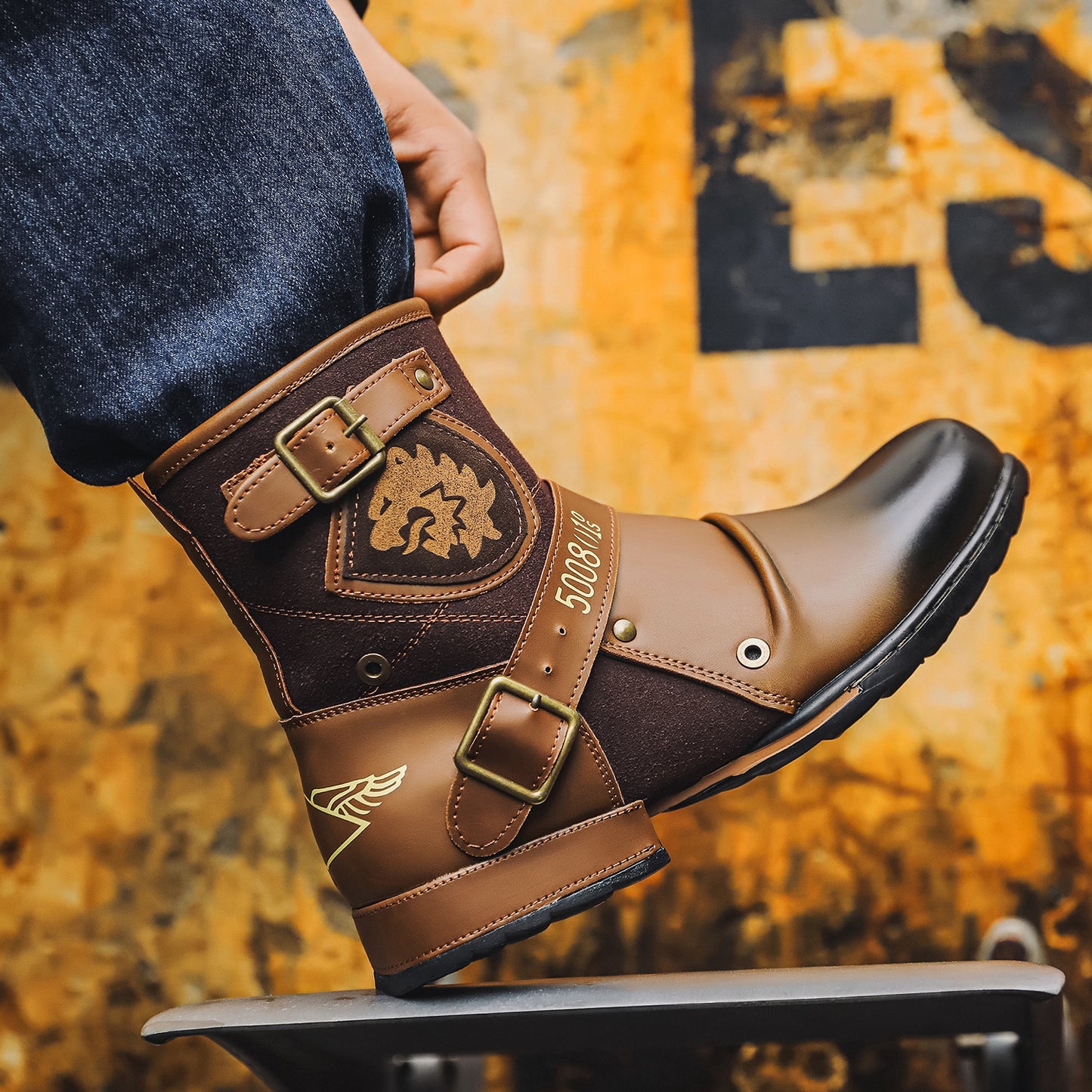 Men's retro metal buckle side zipper boots