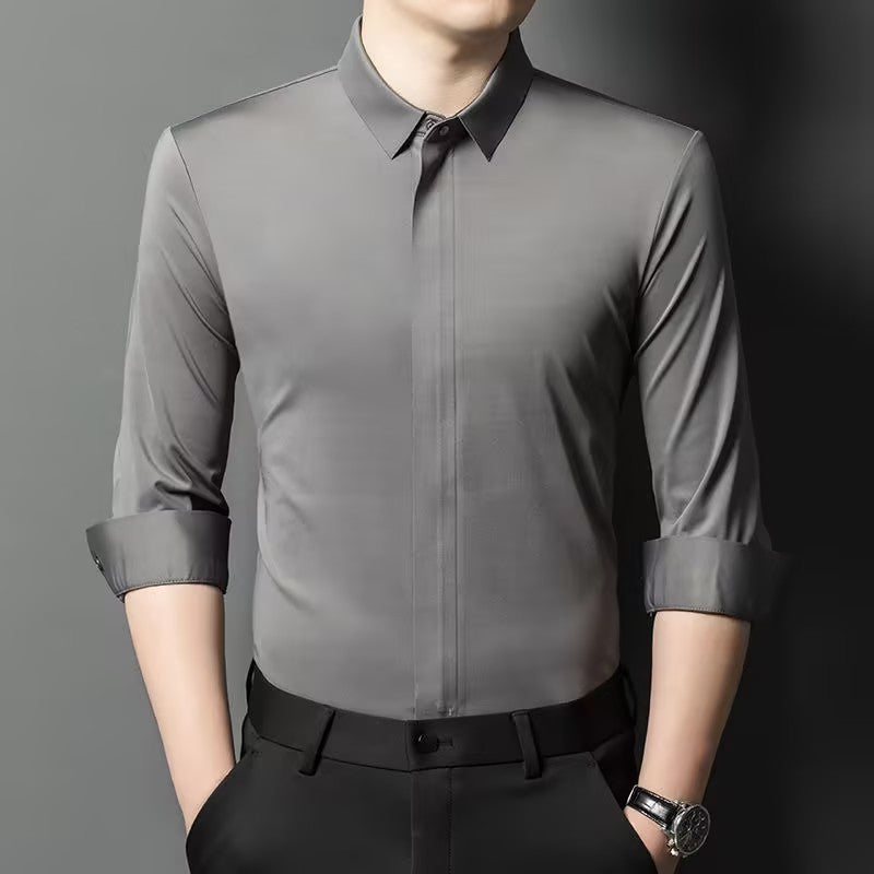 Men's iron-free solid color high-stretch shirt