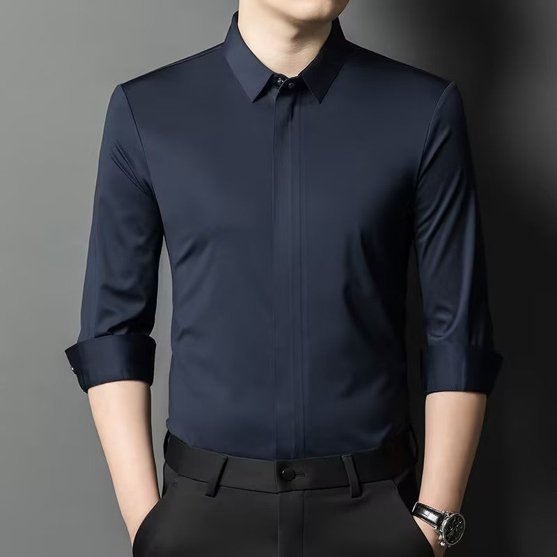Men's iron-free solid color high-stretch shirt