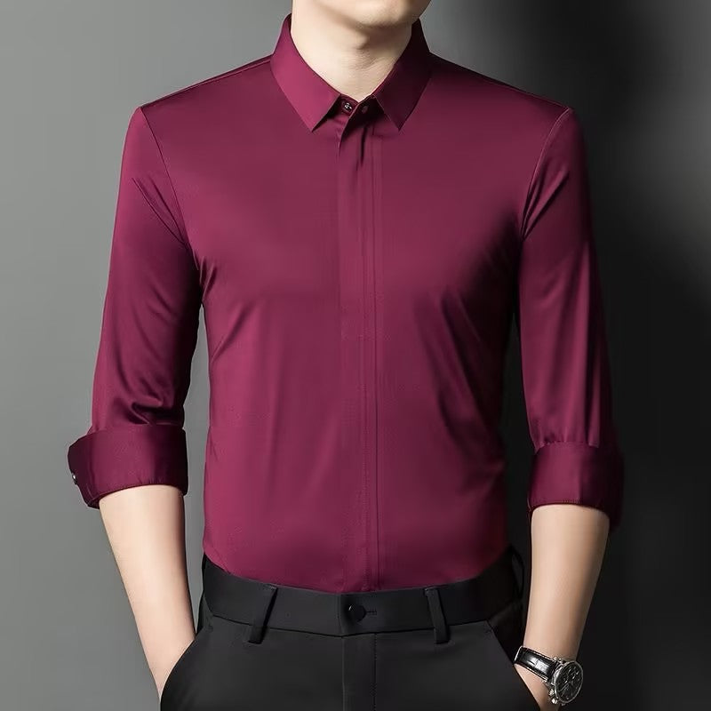 Men's iron-free solid color high-stretch shirt