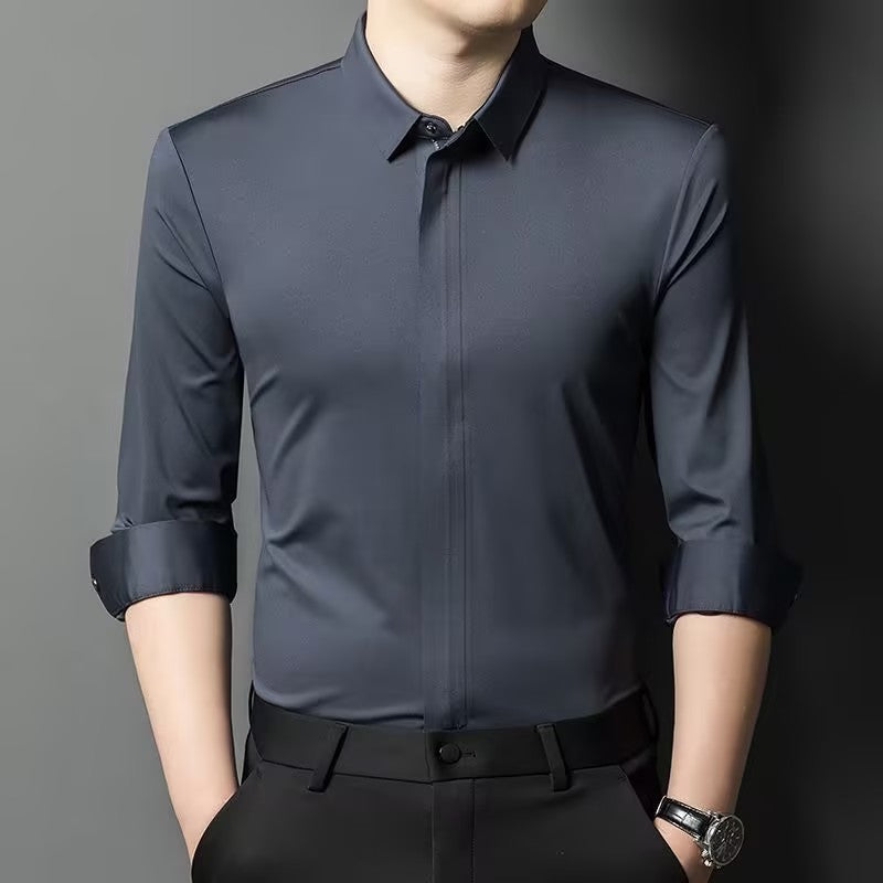 Men's iron-free solid color high-stretch shirt