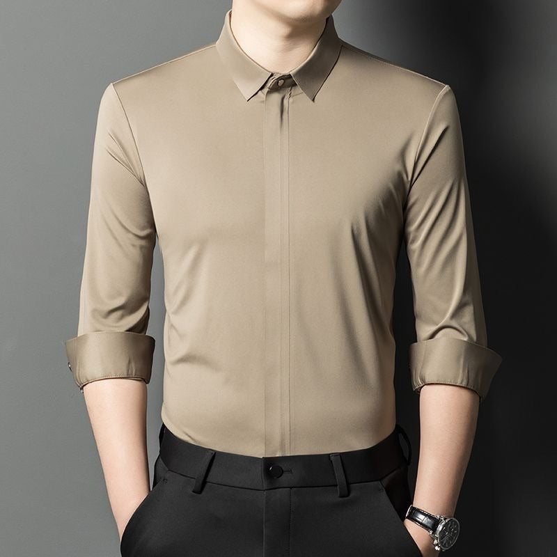 Men's iron-free solid color high-stretch shirt