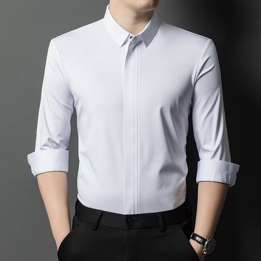 Men's iron-free solid color high-stretch shirt