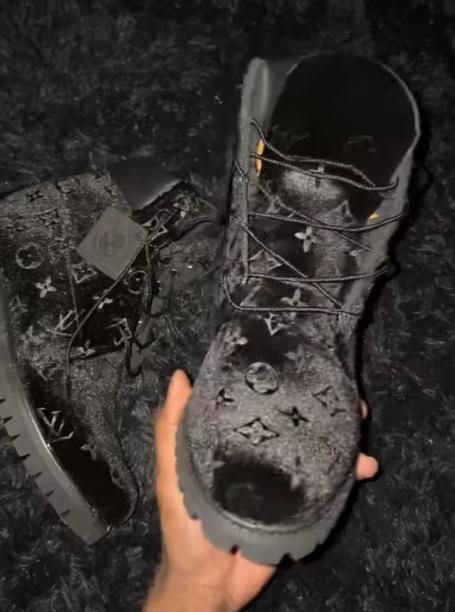 Men's black printed velvet lace-up ankle boots