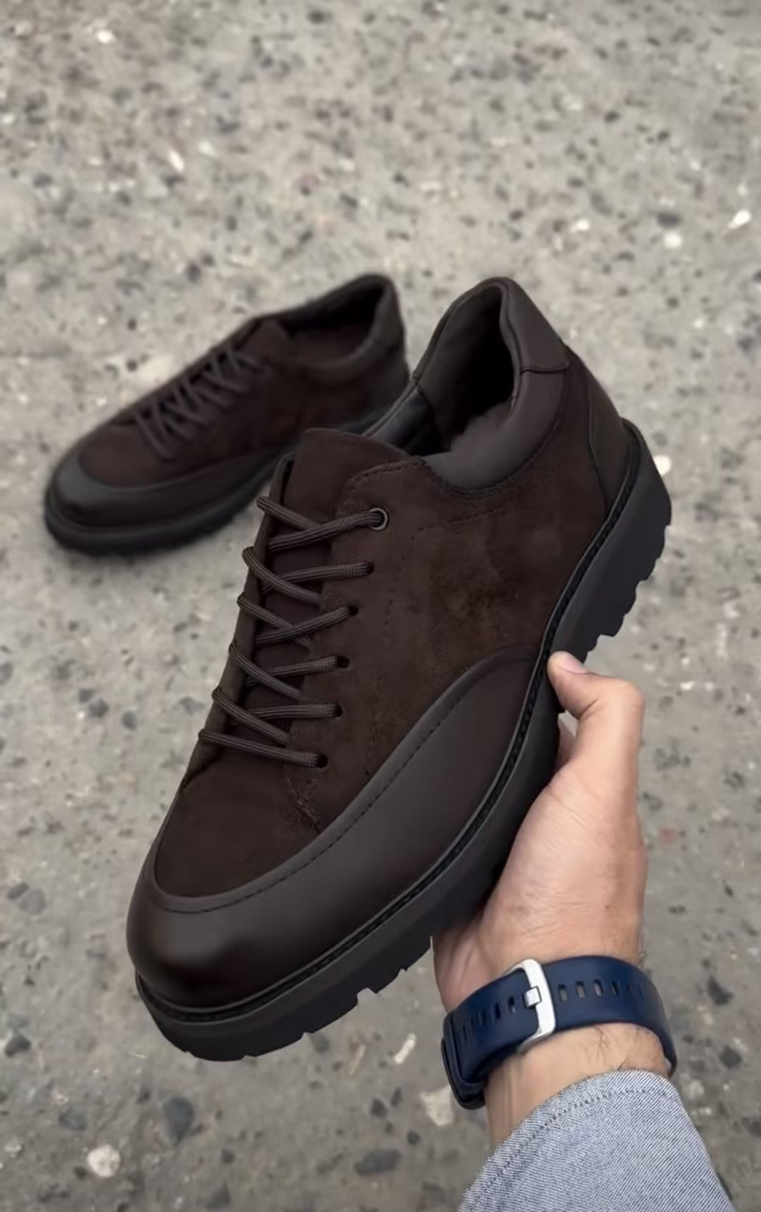 Men's brown fleece lined suede slip-on shoes