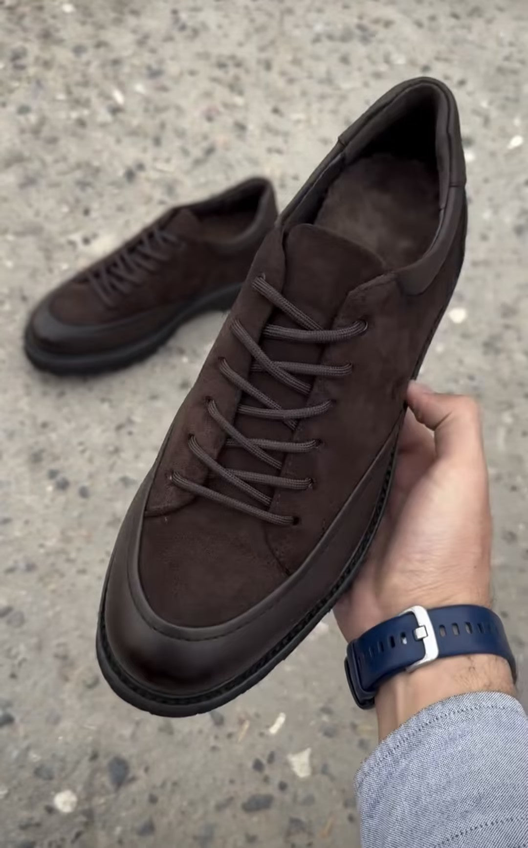 Men's brown fleece lined suede slip-on shoes