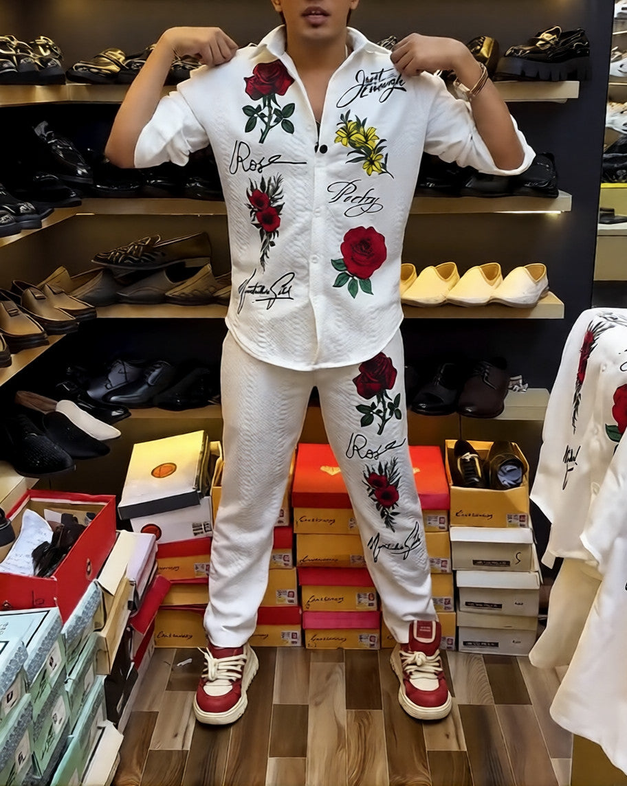 Men's floral print shirt and pants two-piece set