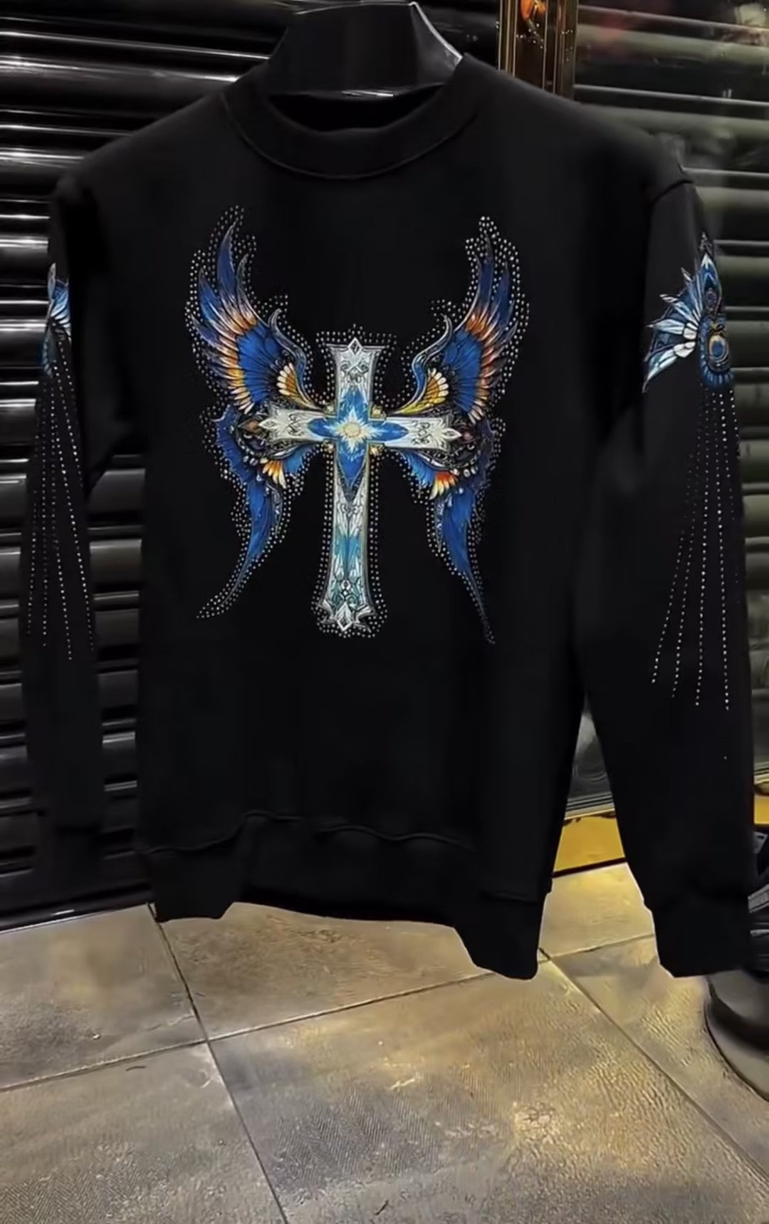 Men's Rhinestone Print Crew Neck Long Sleeve Top
