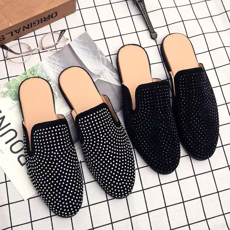 Rhinestone-encrusted slip-on slippers