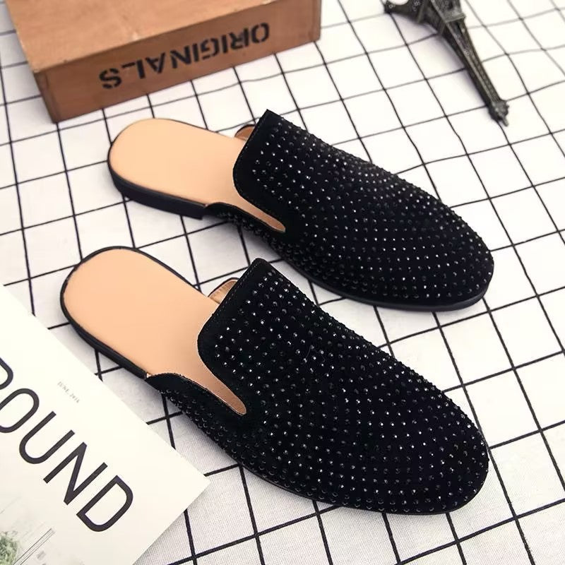 Rhinestone-encrusted slip-on slippers