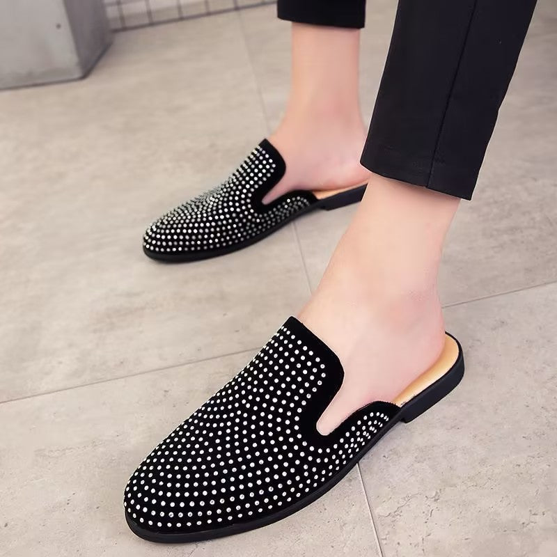 Rhinestone-encrusted slip-on slippers