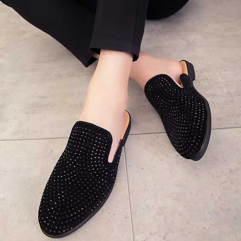 Rhinestone-encrusted slip-on slippers