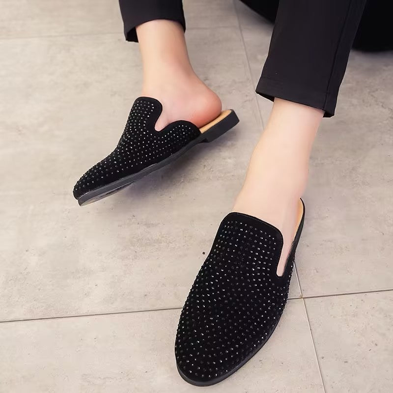Rhinestone-encrusted slip-on slippers