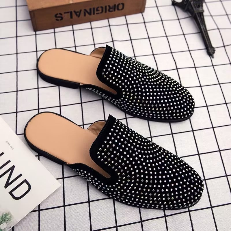 Rhinestone-encrusted slip-on slippers