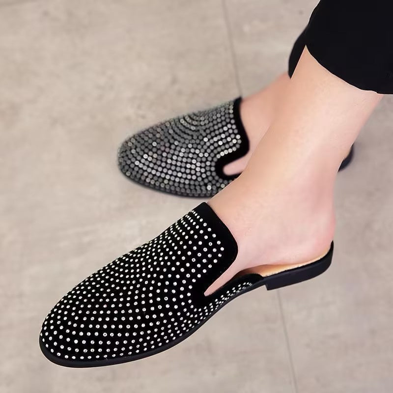 Rhinestone-encrusted slip-on slippers