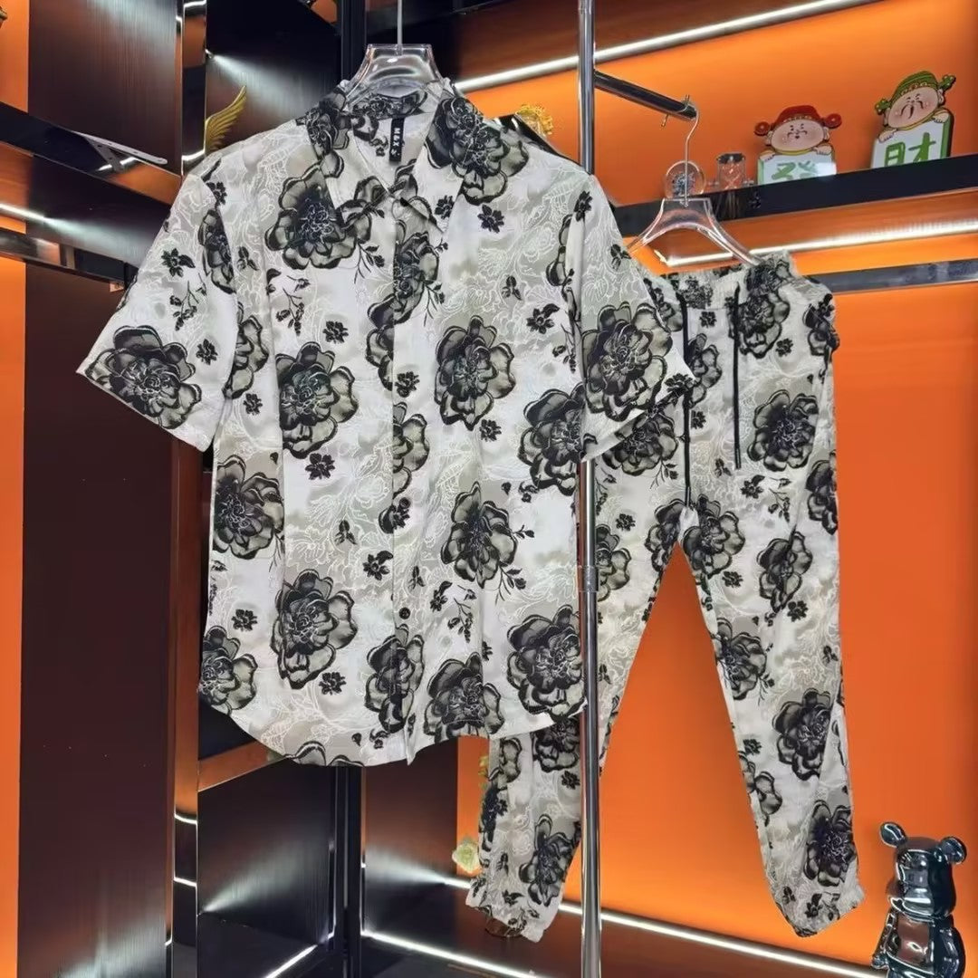 Men's Printed Short-Sleeve Pants Suit