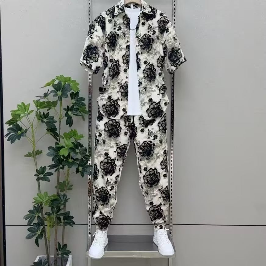 Men's Printed Short-Sleeve Pants Suit