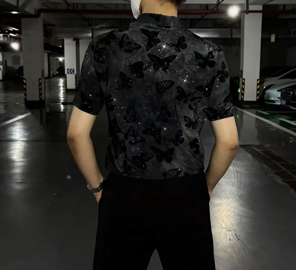 Men's Rhinestone Butterfly Short-Sleeve Top