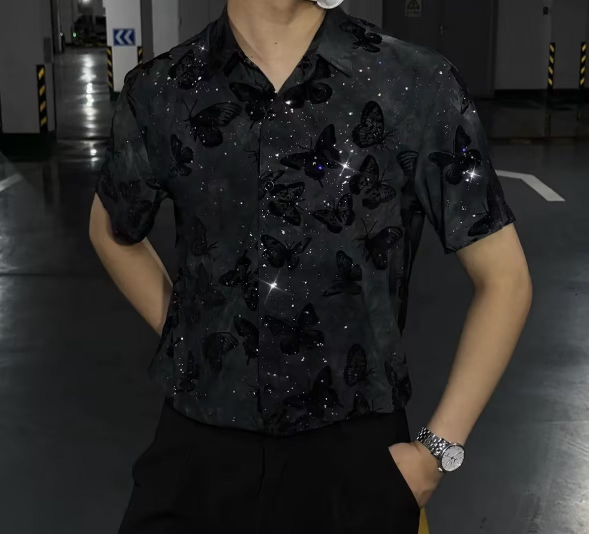 Men's Rhinestone Butterfly Short-Sleeve Top