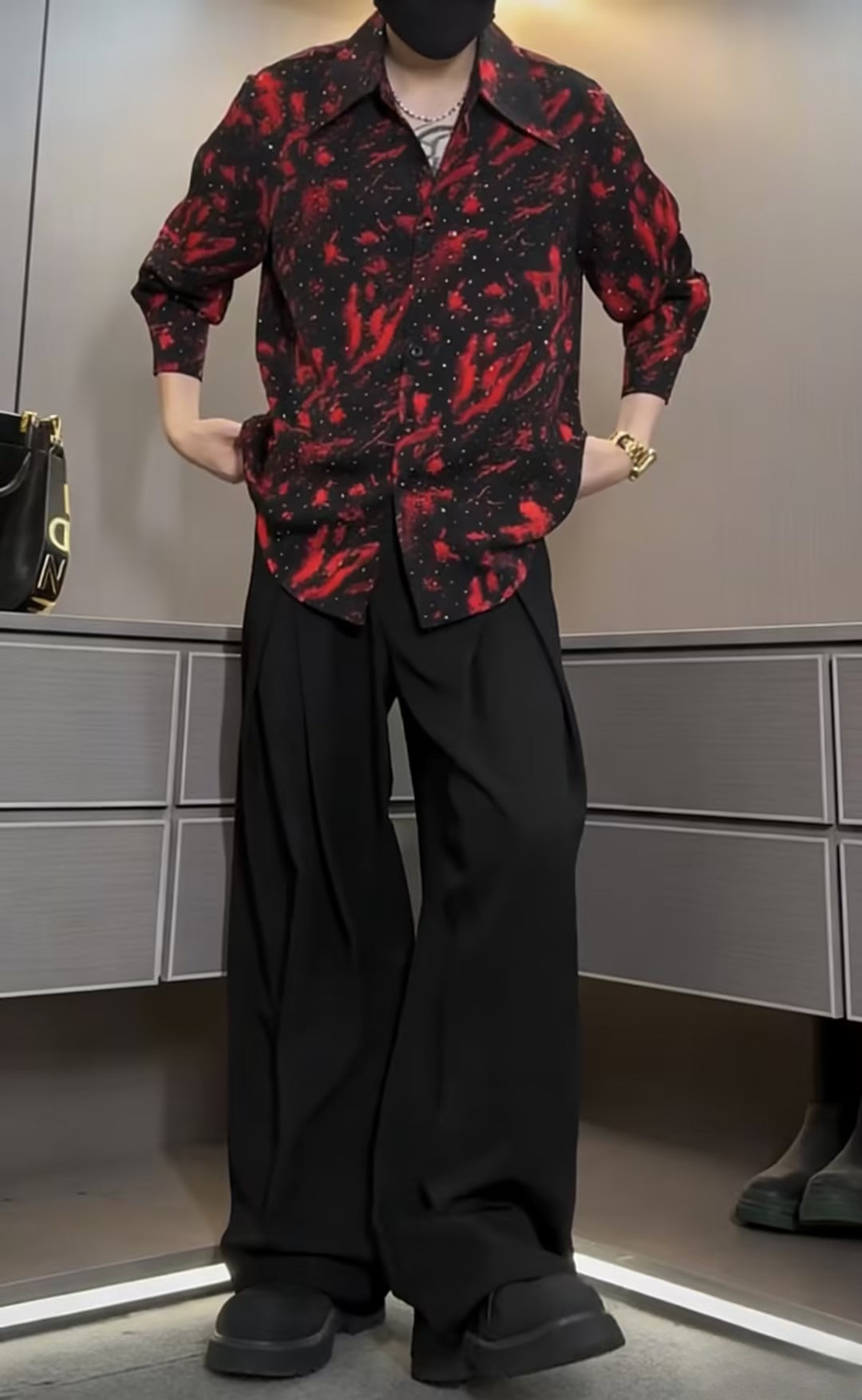 Men's Red Printed Rhinestone Shirt