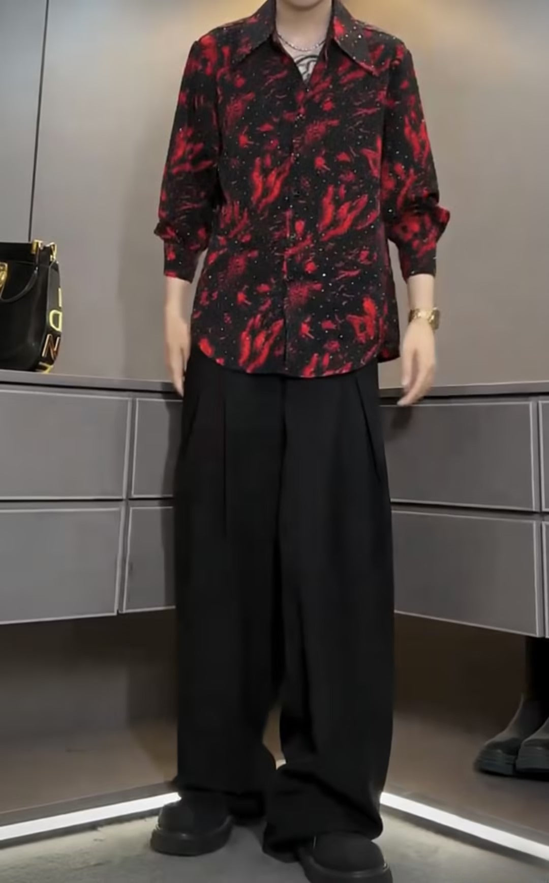 Men's Red Printed Rhinestone Shirt