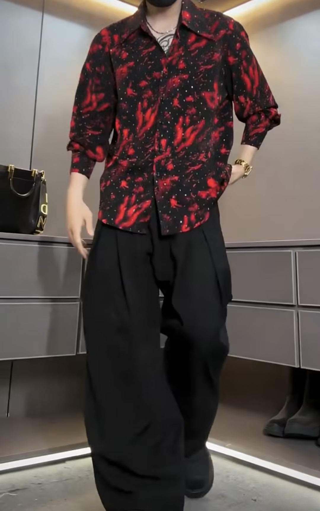 Men's Red Printed Rhinestone Shirt