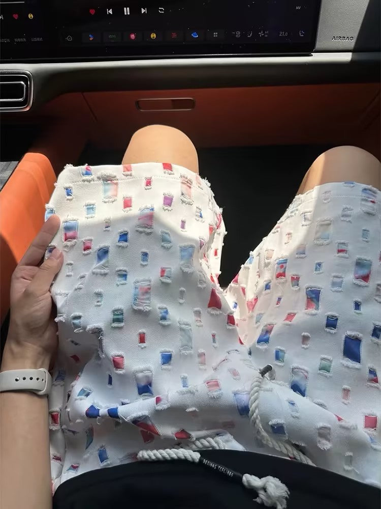 Men's colorful plaid ripped shorts