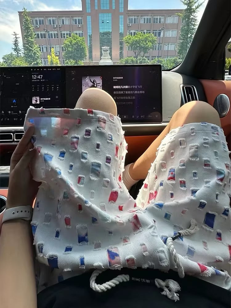 Men's colorful plaid ripped shorts