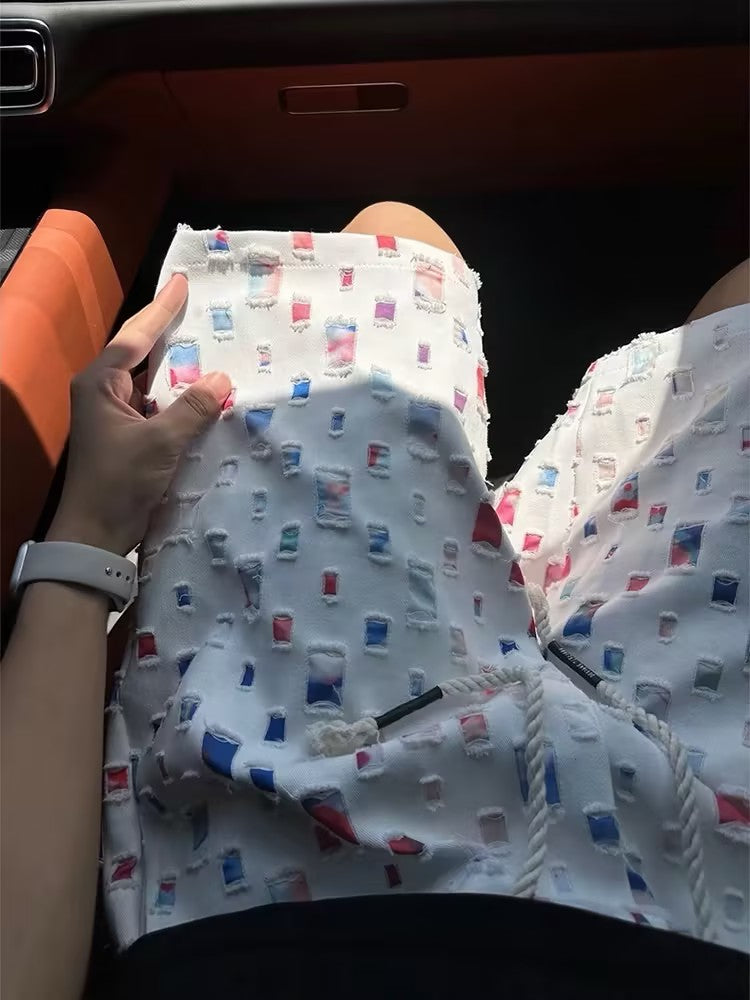 Men's colorful plaid ripped shorts