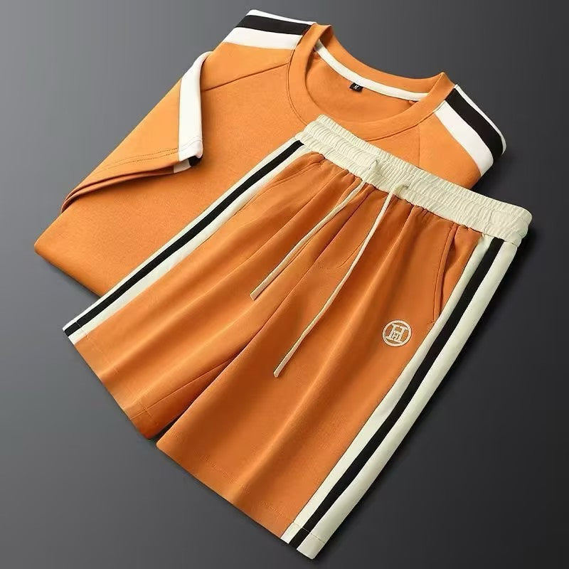 Men's Color Block Embroidered Letter Short-Sleeve and Shorts Set