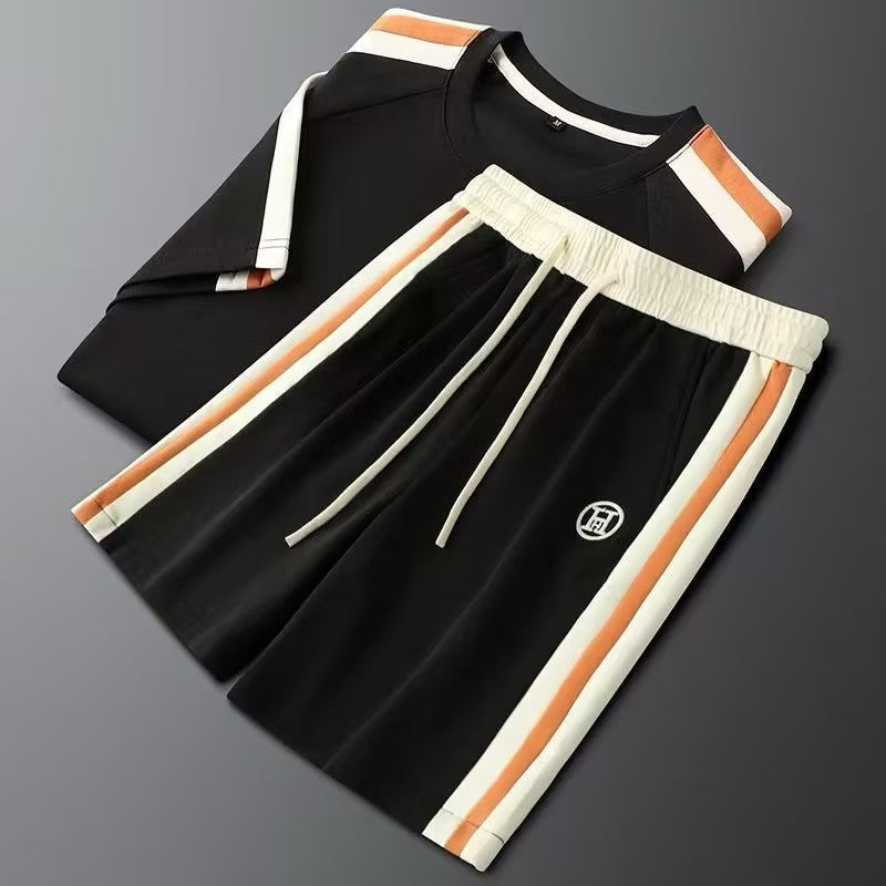 Men's Color Block Embroidered Letter Short-Sleeve and Shorts Set