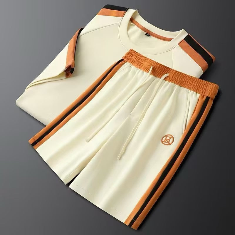 Men's Color Block Embroidered Letter Short-Sleeve and Shorts Set