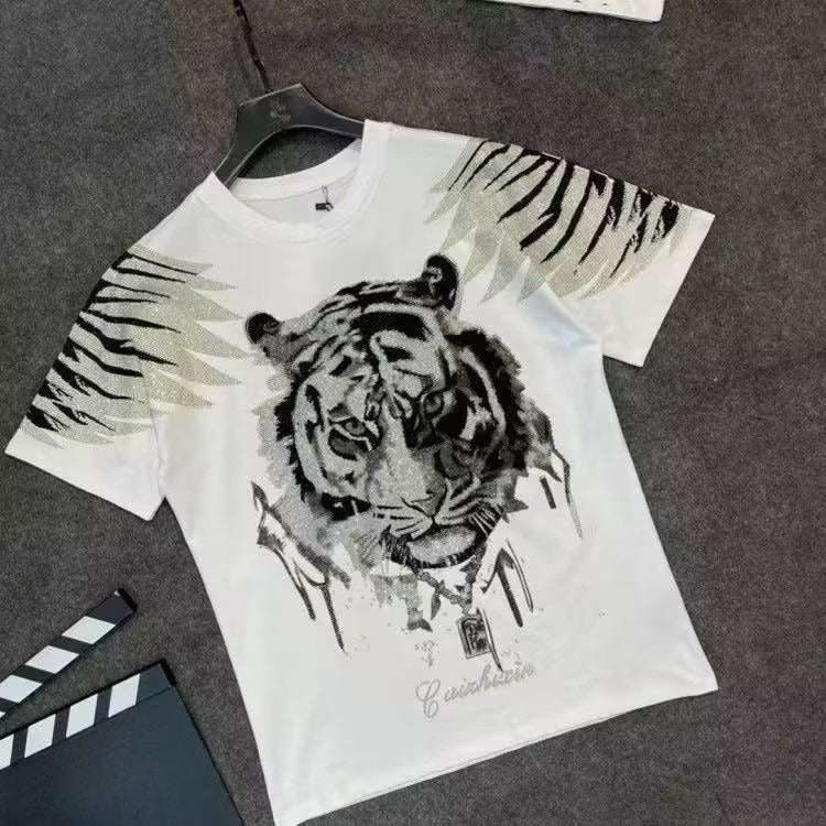 Men's Tiger Head Wings Rhinestone T-shirt